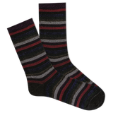 Pair of striped socks with metallic red, gray, and black colors on a white background thumbnail