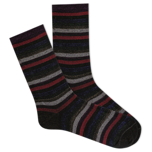 Pair of striped socks with metallic red, gray, and black colors on a white background