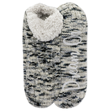 Pair of gray and black patterned slippers with white fleece lining on a white background