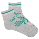 Gray socks with green and pink accents featuring a tennis racket and 'ONE LOVE' text on a white background.