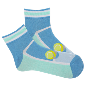 Blue socks with tennis court design and tennis balls on a white background