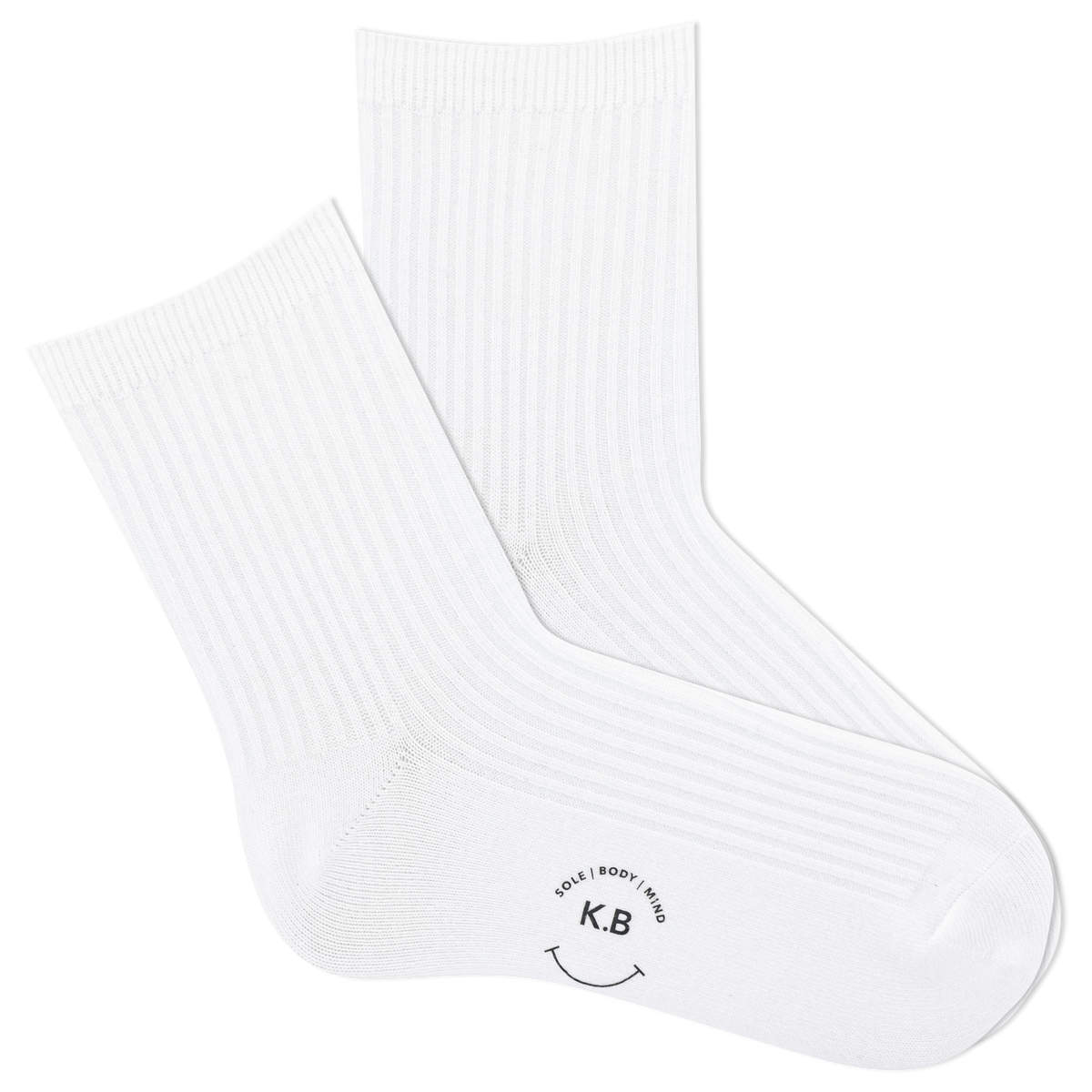 White ribbed women's socks with a smiley face and 'KB' logo on a white background