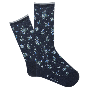 Navy socks with small floral pattern on a white background, featuring K. Bell branding.
