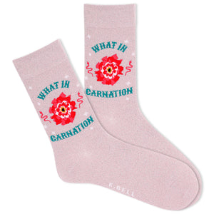 A pair of pink crew socks with a red carnation design and the text 'WHAT IN CARNATION' written on the side.