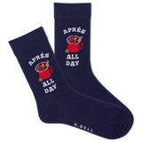 A pair of navy crew socks with a white and red graphic design featuring a hot toddy and the phrase 'aprés all day' thumbnail