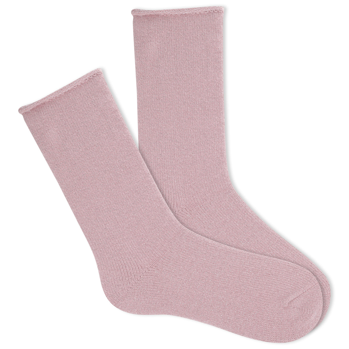 Textured pink sparkle roll top socks on a white background