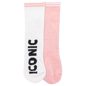 White socks with 'Iconic' text and a pink stripe at the top of cuff and a solid pink sock with a white stripe at the top of the cuff.