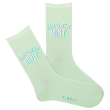 Pair of light green socks with 'Empower Mint' text on a white background