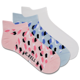 Three pairs of low cut socks with abstract animal brush stroke patterns in blue, pink, and white colors. thumbnail