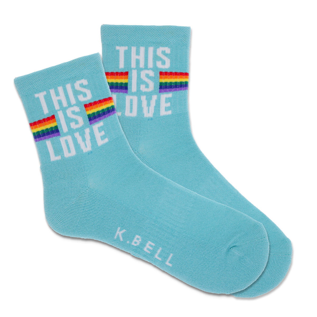 Turquoise socks with 'This is Love' text and rainbow stripes, brand 'K. Bell' visible.