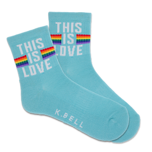Turquoise socks with 'This is Love' text and rainbow stripes, brand 'K. Bell' visible.