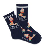 A pair of navy crew socks with a 'Summer Fridays' text and Aperol spritz design, featuring the brand K.Bell.