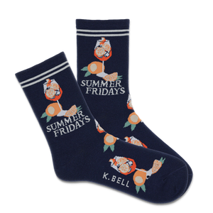 A pair of navy crew socks with a 'Summer Fridays' text and Aperol spritz design, featuring the brand K.Bell.