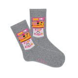 A pair of gray crew socks with a vintage camera design and the text 'KEEP SMILING' in a colorful background.