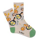 Pair of socks with food-themed design on a beige background, featuring the brand 'K. Bell'.