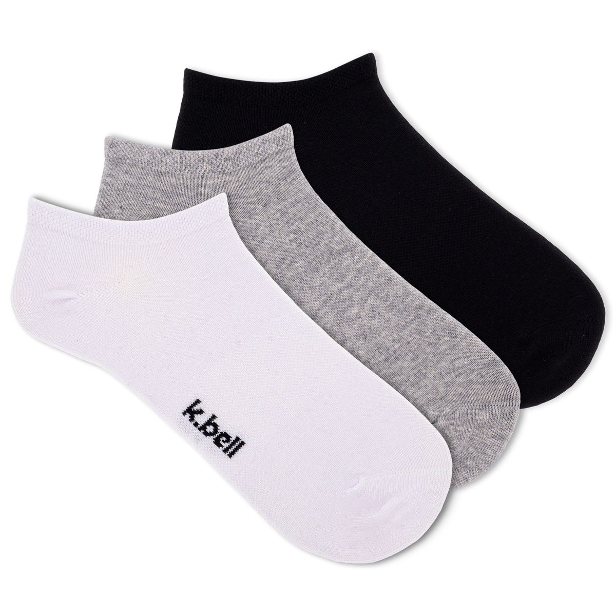 Three pairs of socks in black, gray, and white with 'k.bell' branding on a white background.
