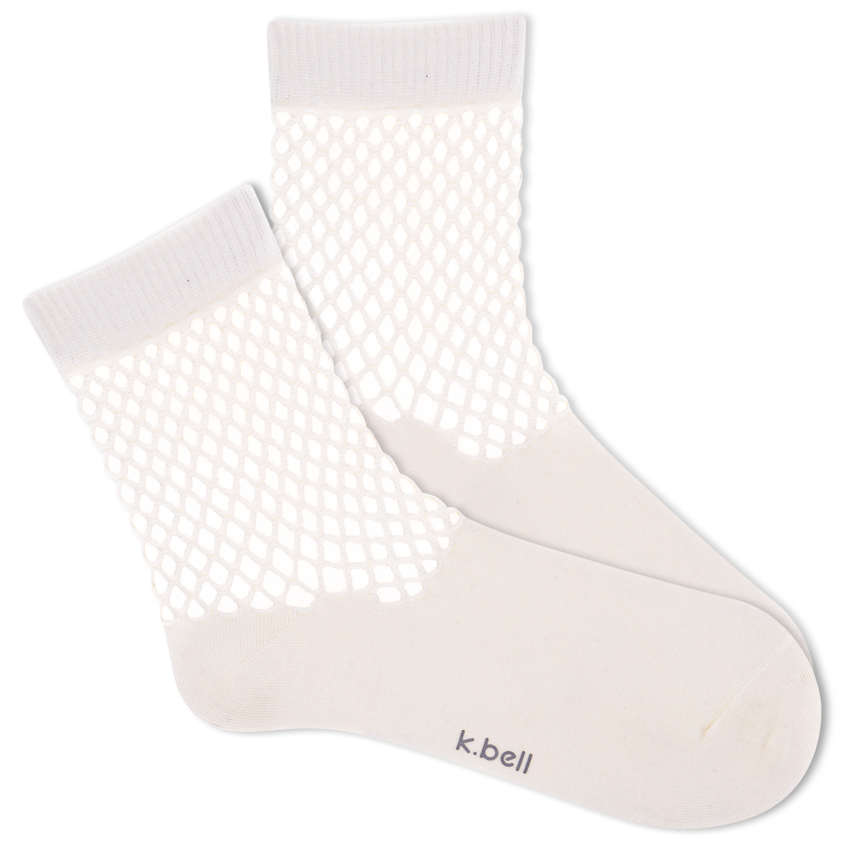 White K.Bell ankle socks with crochet net cuff.