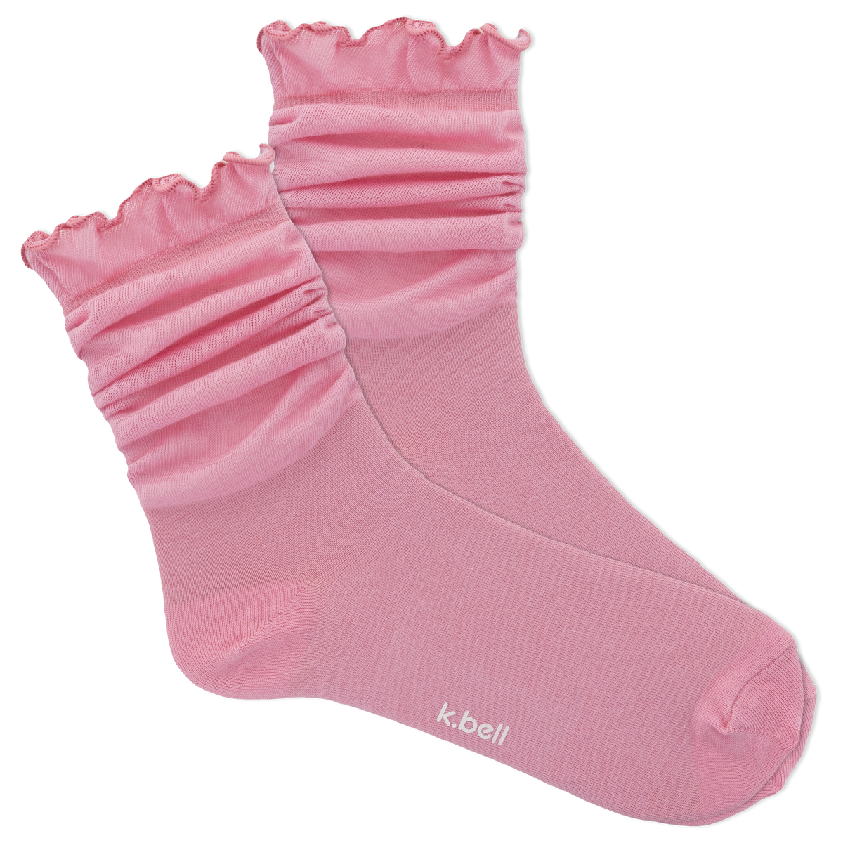 Pink socks with ruffled top on a white background, featuring the brand 'k.bell'.