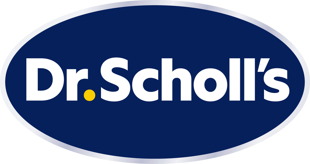 The Dr. Scholl's logo featuring white text inside a dark blue oval with a thin white border and a small yellow dot.