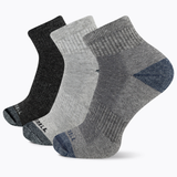 Three pairs of socks in black, gray, and a mix of gray and blue on a white background. thumbnail
