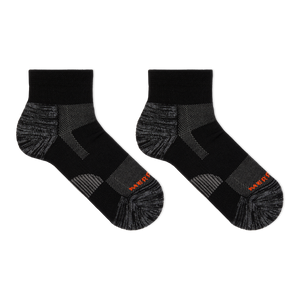 Pair of black and gray socks with brand logo on a white background