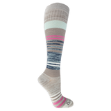 Dr. Scholl's women's compression socks featuring a gray, blue and pink striped pattern.