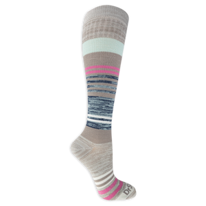 Dr. Scholl's women's compression socks featuring a gray, blue and pink striped pattern.