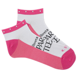 A pair of women's low-cut socks with pink and white colors, featuring text that reads 'I love to par-tee' and the K.Bell logo.