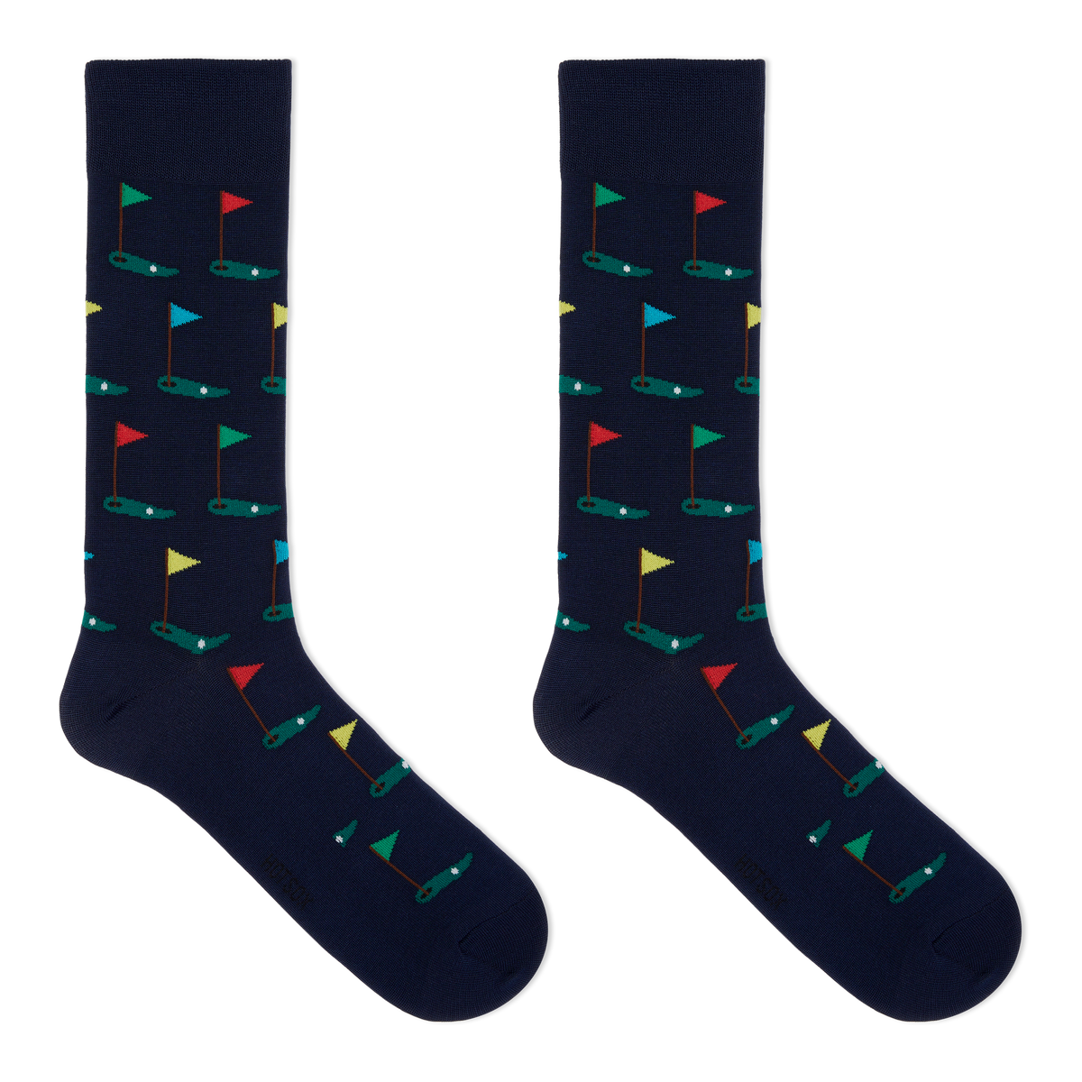 A pair of navy crew socks with a pattern of golf flags.