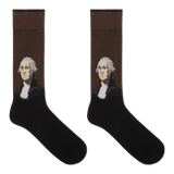 A pair of men's crew socks featuring a silhouette of George Washington on the upper part. thumbnail