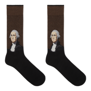 A pair of men's crew socks featuring a silhouette of George Washington on the upper part.