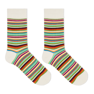 A pair of women's crew socks with multicolor horizontal stripes.