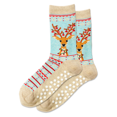HOTSOX Women's Fuzzy Reindeer Non Skid Crew Socks