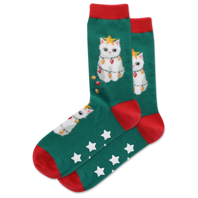 HOTSOX Women's Fuzzy Christmas Tree Cat Non Skid Crew Socks