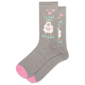 HOTSOX women's gray heather crew socks with a sheep holding a heart and the phrase "I love you Maaaa"