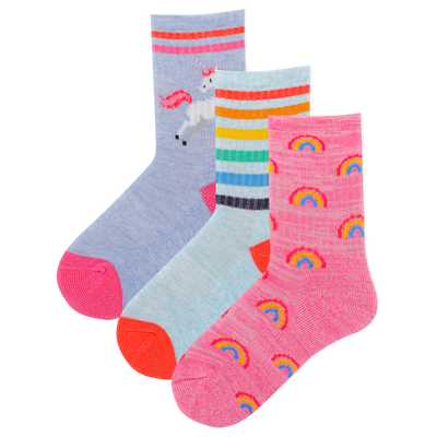 HOTSOX Kid's Rainbow Unicorn 3 Pack Crew Socks