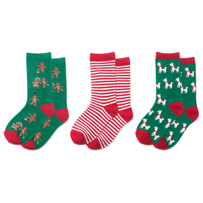 HOTSOX Kid's Holiday Gingerbread, Llamas, Ice Skating Reindeer Crew Socks 3 Pair Pack