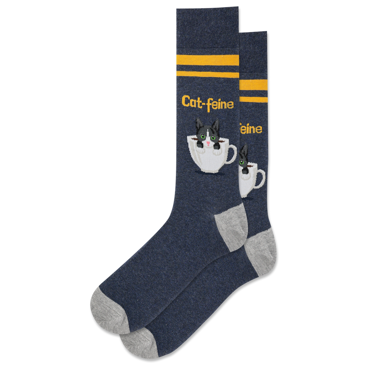 A pair of navy crew socks with a pattern of white cat faces and coffee cups, and yellow stripes.
