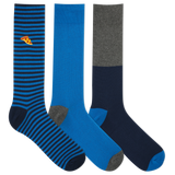 Three pairs of men's socks, featuring one with blue and white stripes, one with gray stripes, and one with a solid blue color and embroidered pizza slice icon.