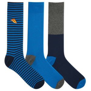 Three pairs of men's socks, featuring one with blue and white stripes, one with gray stripes, and one with a solid blue color and embroidered pizza slice icon.