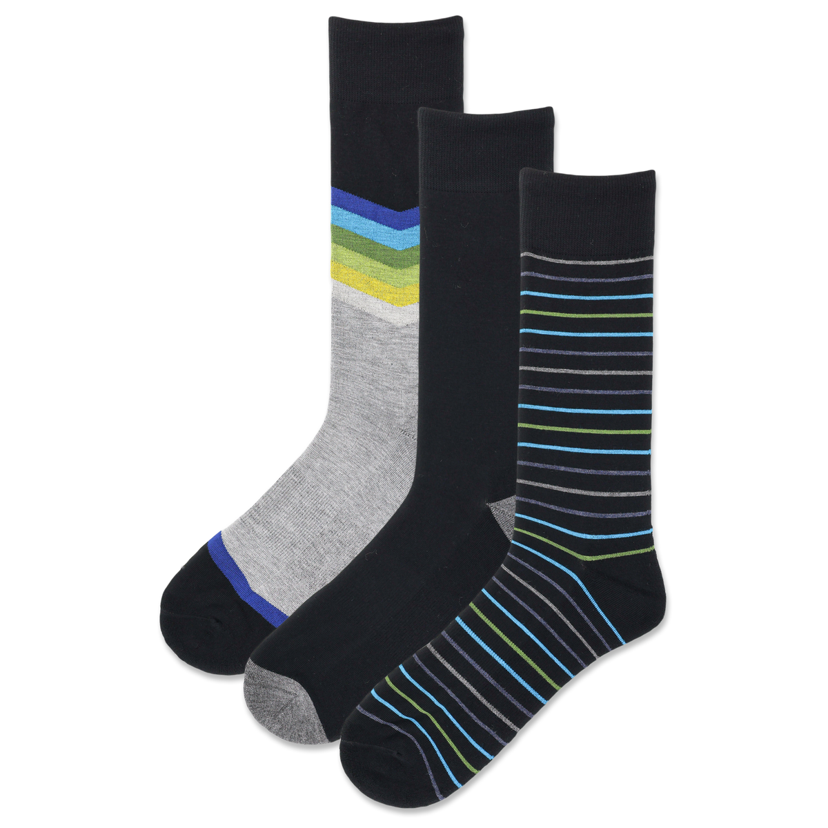 Three pairs of men's crew socks with chevron patterns and stripes in shades of black, gray, blue, and green.