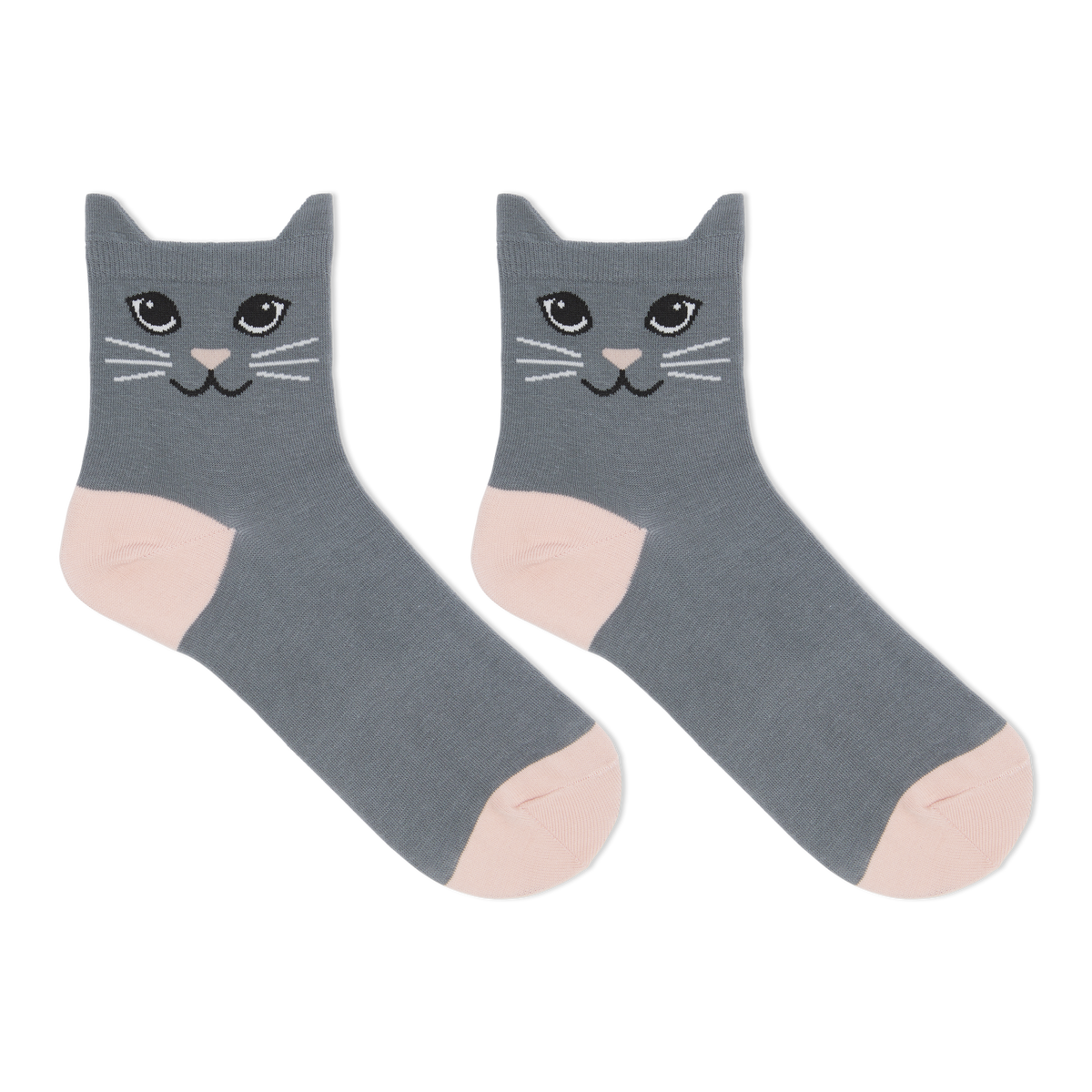 A pair of black ankle socks with a cat face design and blue accents on the heels and toes.