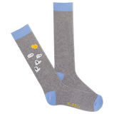 K.Bell men's gray crew socks with a periwinkle blue contrast cuff, heel and toe, arch support, and a pattern of emojis and ghosts.