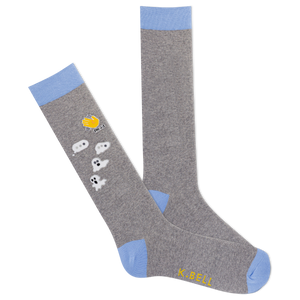 K.Bell men's gray crew socks with a periwinkle blue contrast cuff, heel and toe, arch support, and a pattern of emojis and ghosts.