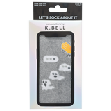  K.Bell men's gray crew socks with a periwinkle blue contrast cuff, heel and toe, arch support, and a pattern of emojis and ghosts in a custom package that looks like a cell phone.