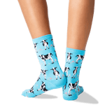 Women's Cows Crew Socks in Light Turquoise Front