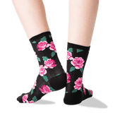 Womens Rose Print Crew Socks in Black Front