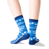 Women's Happy Hanukkah Non Skid Crew Socks in Blue Front