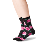 Womens Rose Print Crew Socks in Black Front