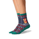 Women's Meowy Christmas Crew Socks in Denim Front thumbnail